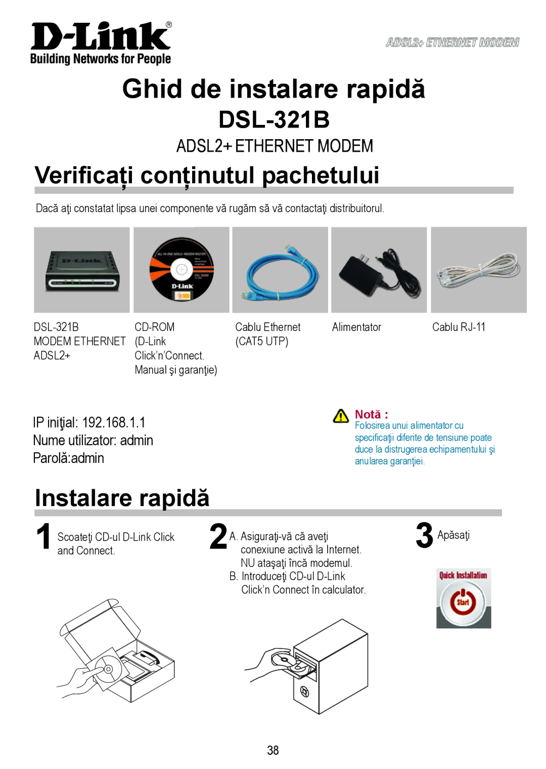 D-Link DSL-321B manual Ghid de instalare rapidă, Verificaţi conţinutul pachetului, Notă 