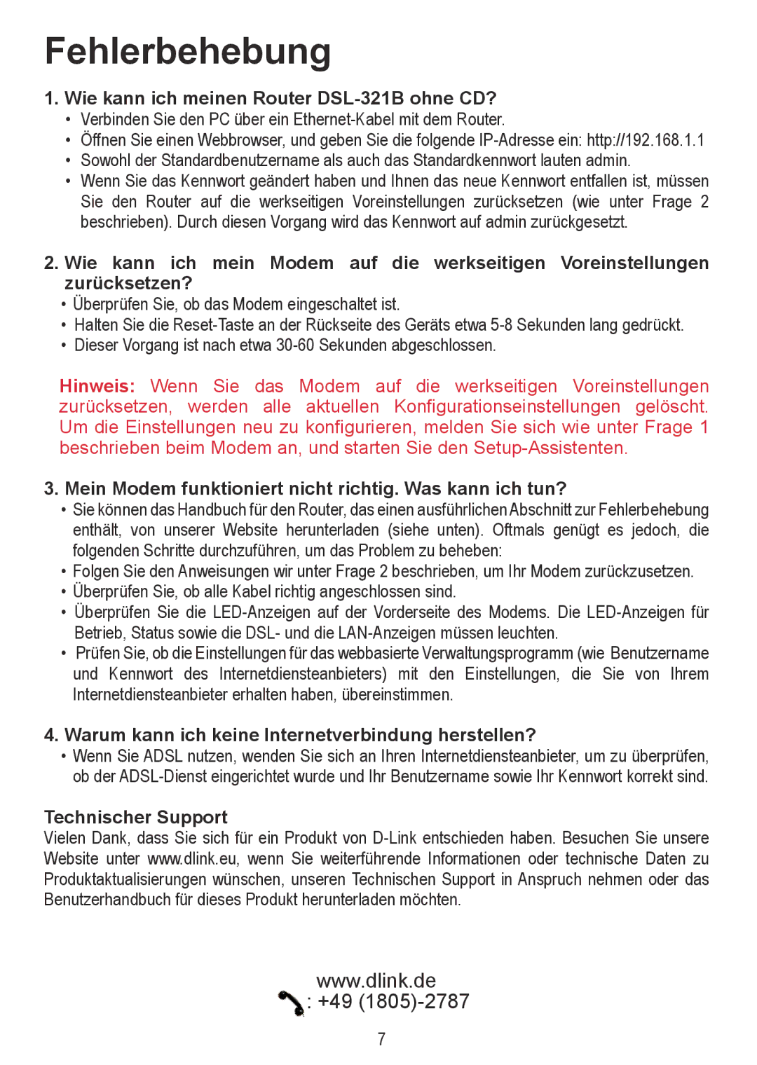 D-Link manual Fehlerbehebung, Wie kann ich meinen Router DSL-321B ohne CD?, Technischer Support 