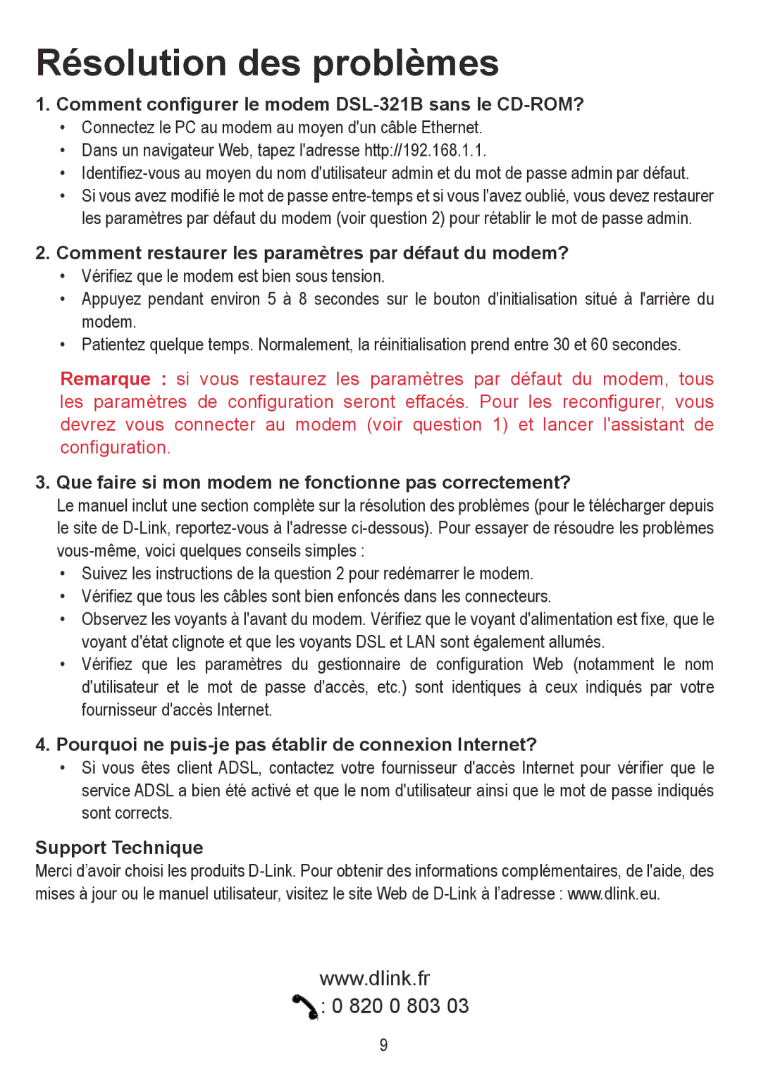 D-Link DSL-321B manual Résolution des problèmes 