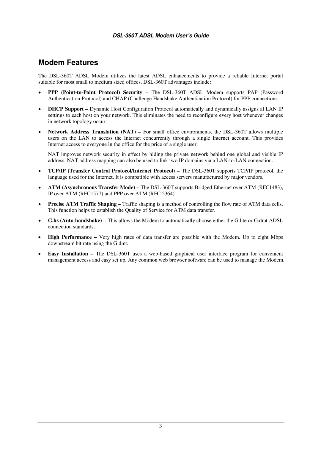 D-Link DSL-360T user manual Modem Features 