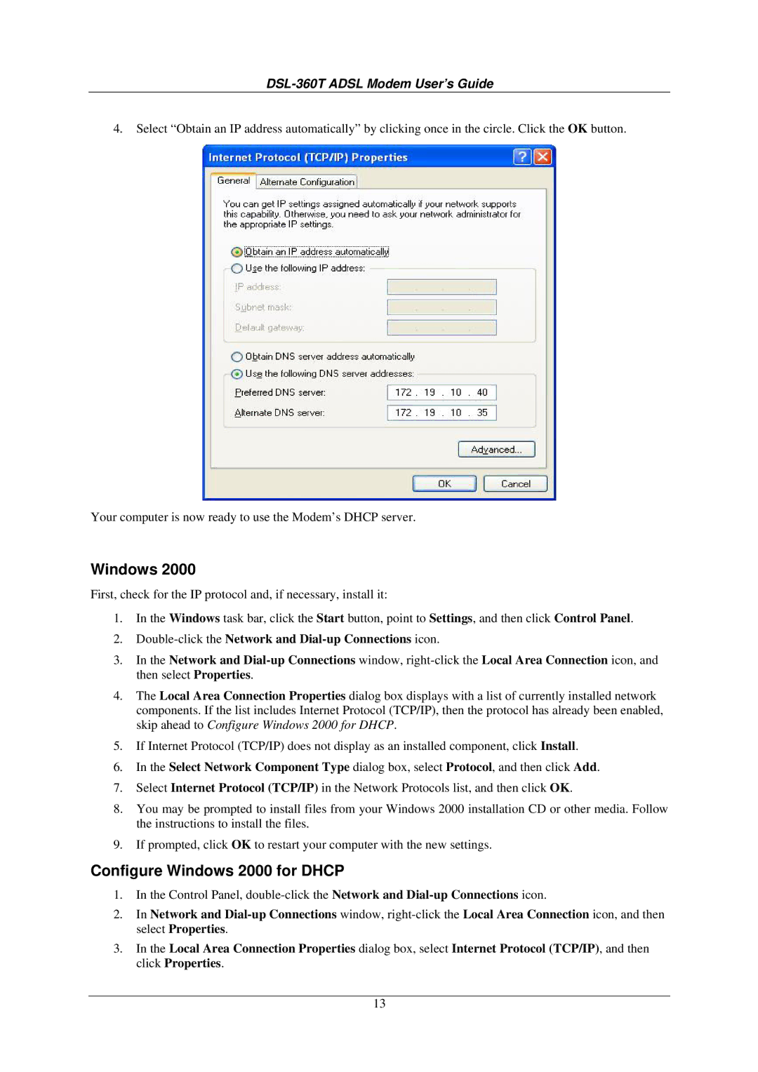 D-Link DSL-360T user manual Configure Windows 2000 for Dhcp 