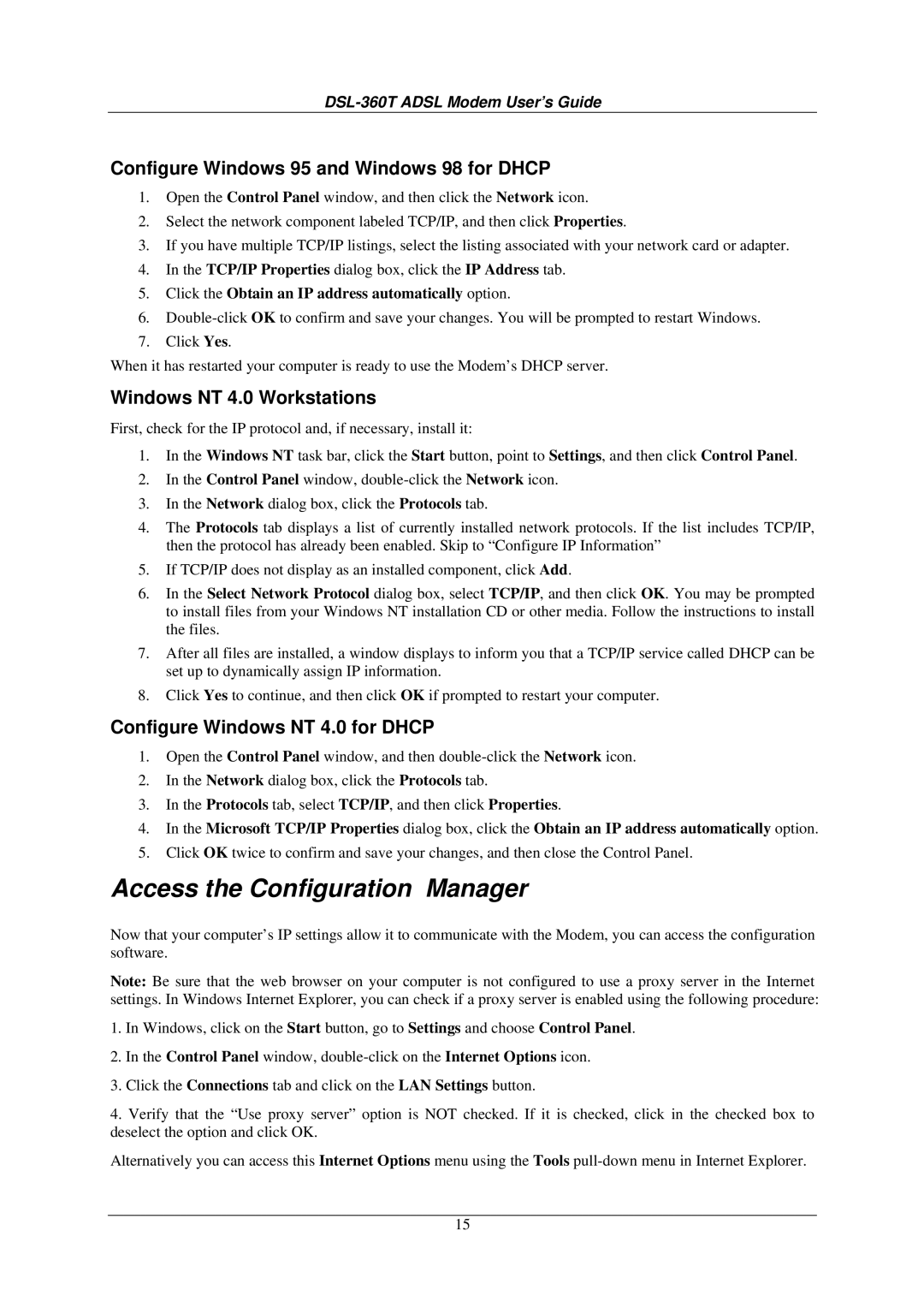 D-Link DSL-360T user manual Configure Windows 95 and Windows 98 for Dhcp, Windows NT 4.0 Workstations 