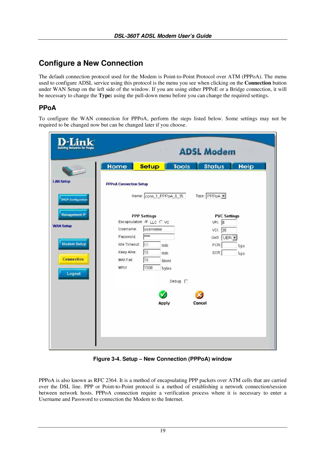 D-Link DSL-360T user manual Configure a New Connection, PPoA 