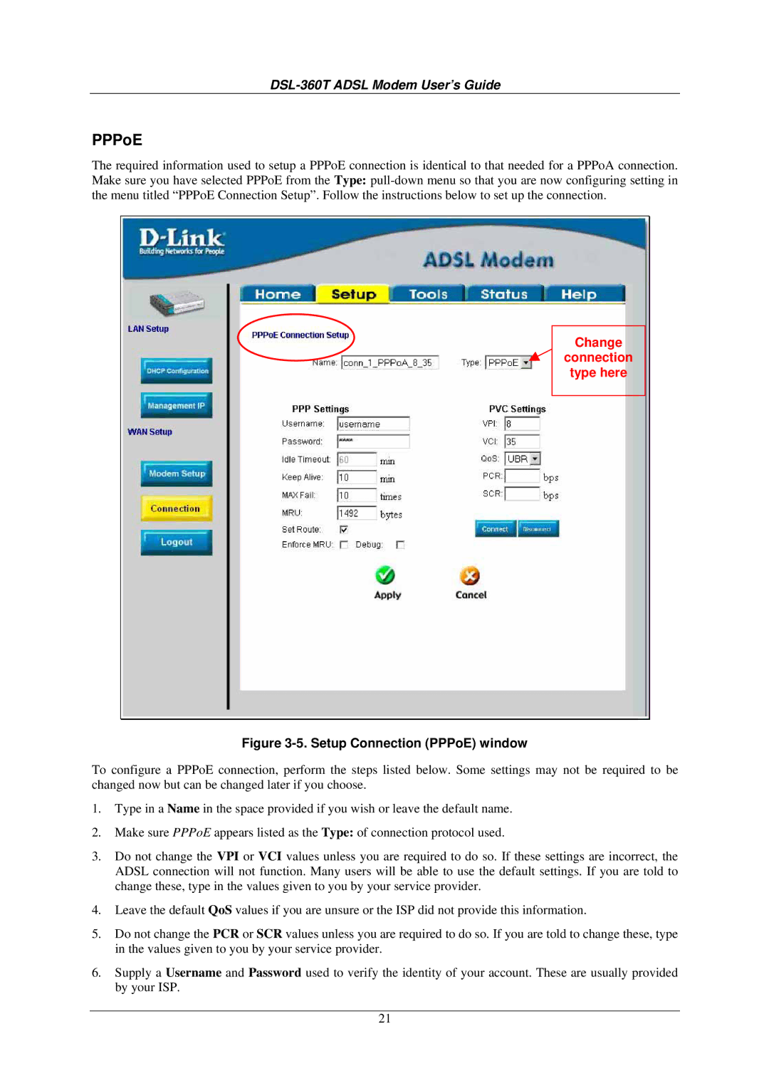 D-Link DSL-360T user manual PPPoE, Change Connection Type here 