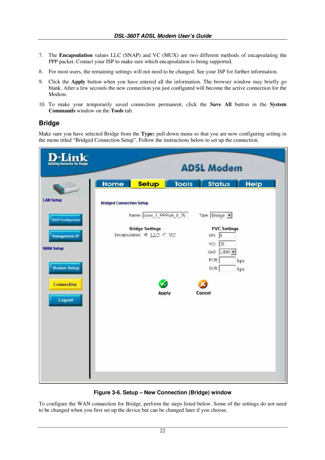 D-Link DSL-360T user manual Setup New Connection Bridge window 