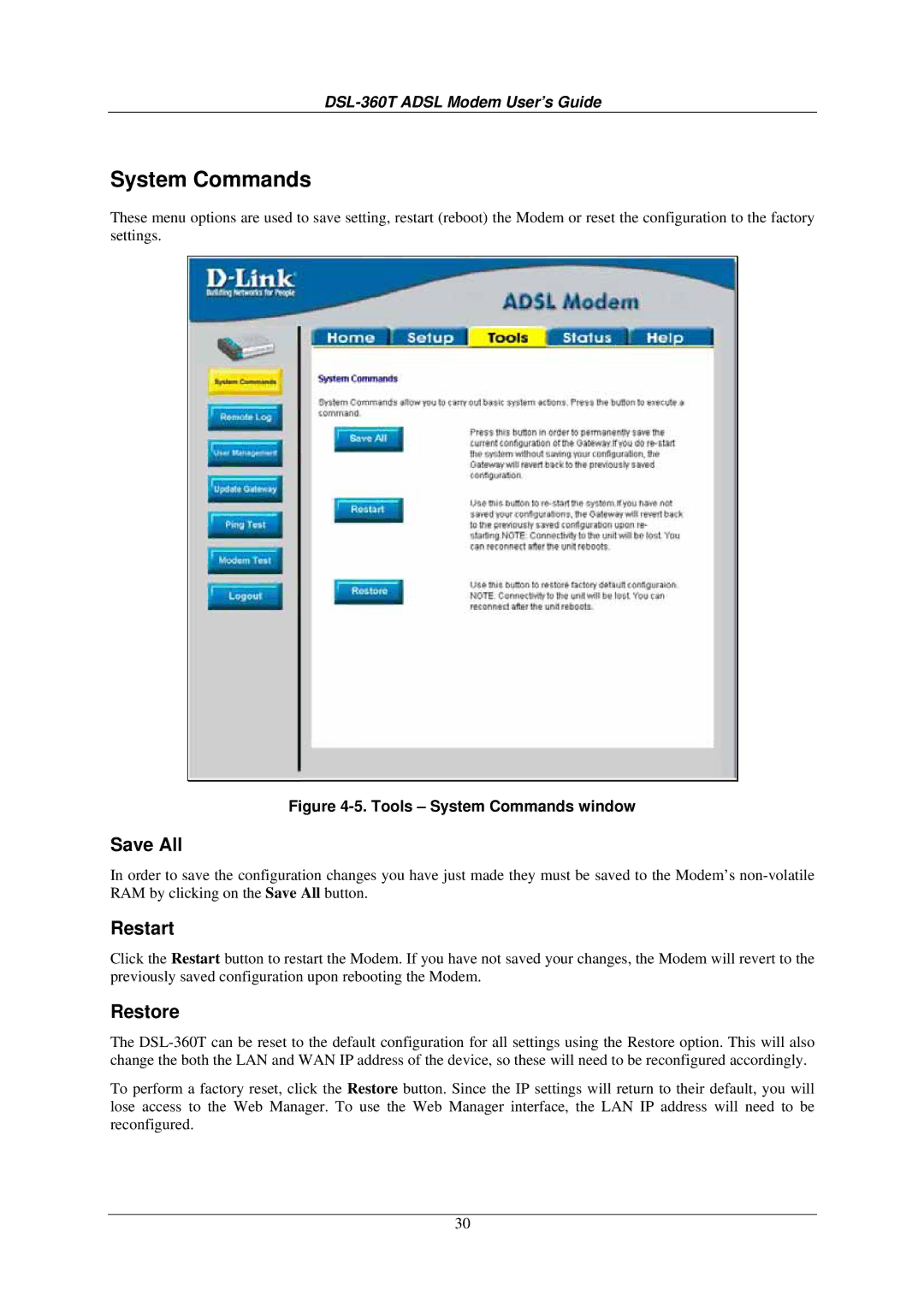 D-Link DSL-360T user manual System Commands, Save All, Restart, Restore 