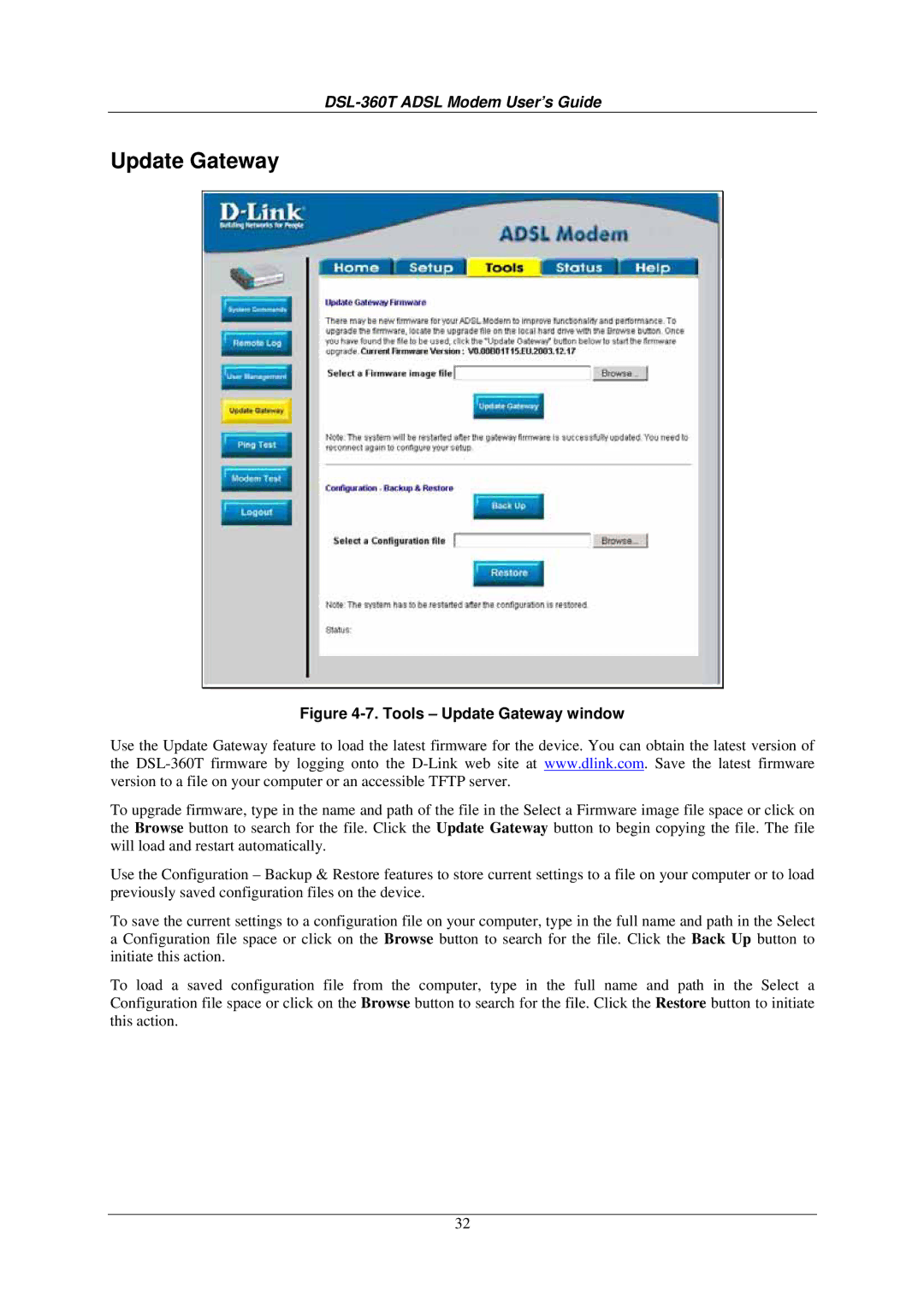 D-Link DSL-360T user manual Tools Update Gateway window 