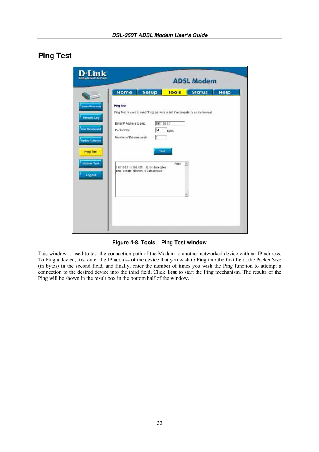 D-Link DSL-360T user manual Tools Ping Test window 