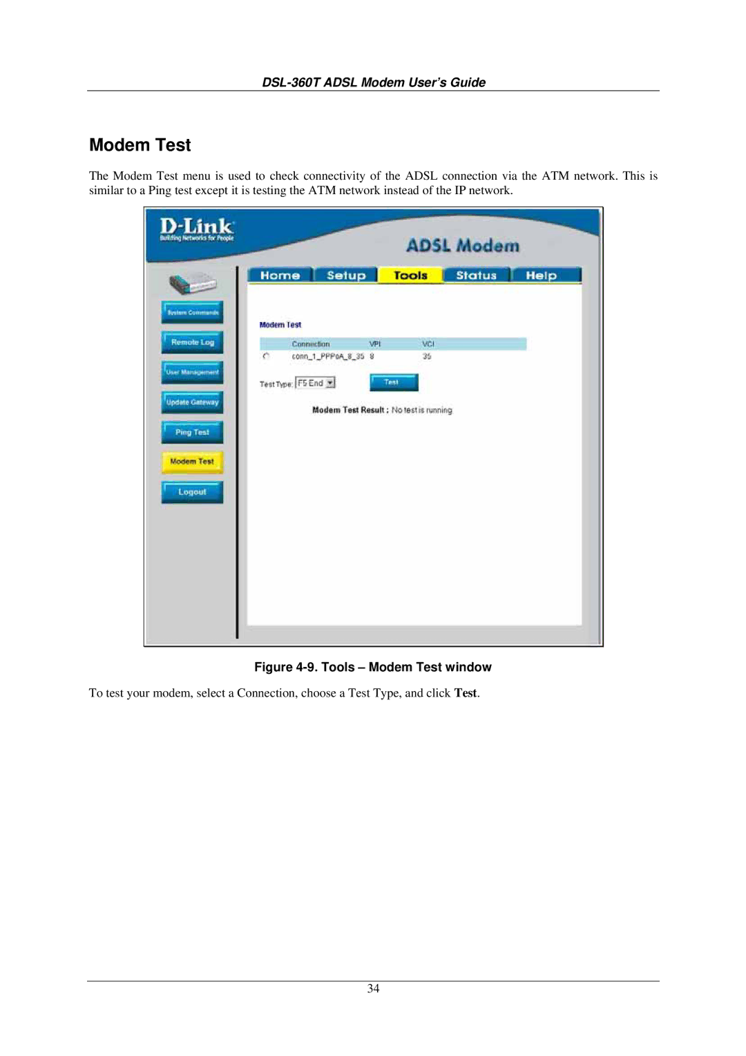 D-Link DSL-360T user manual Tools Modem Test window 