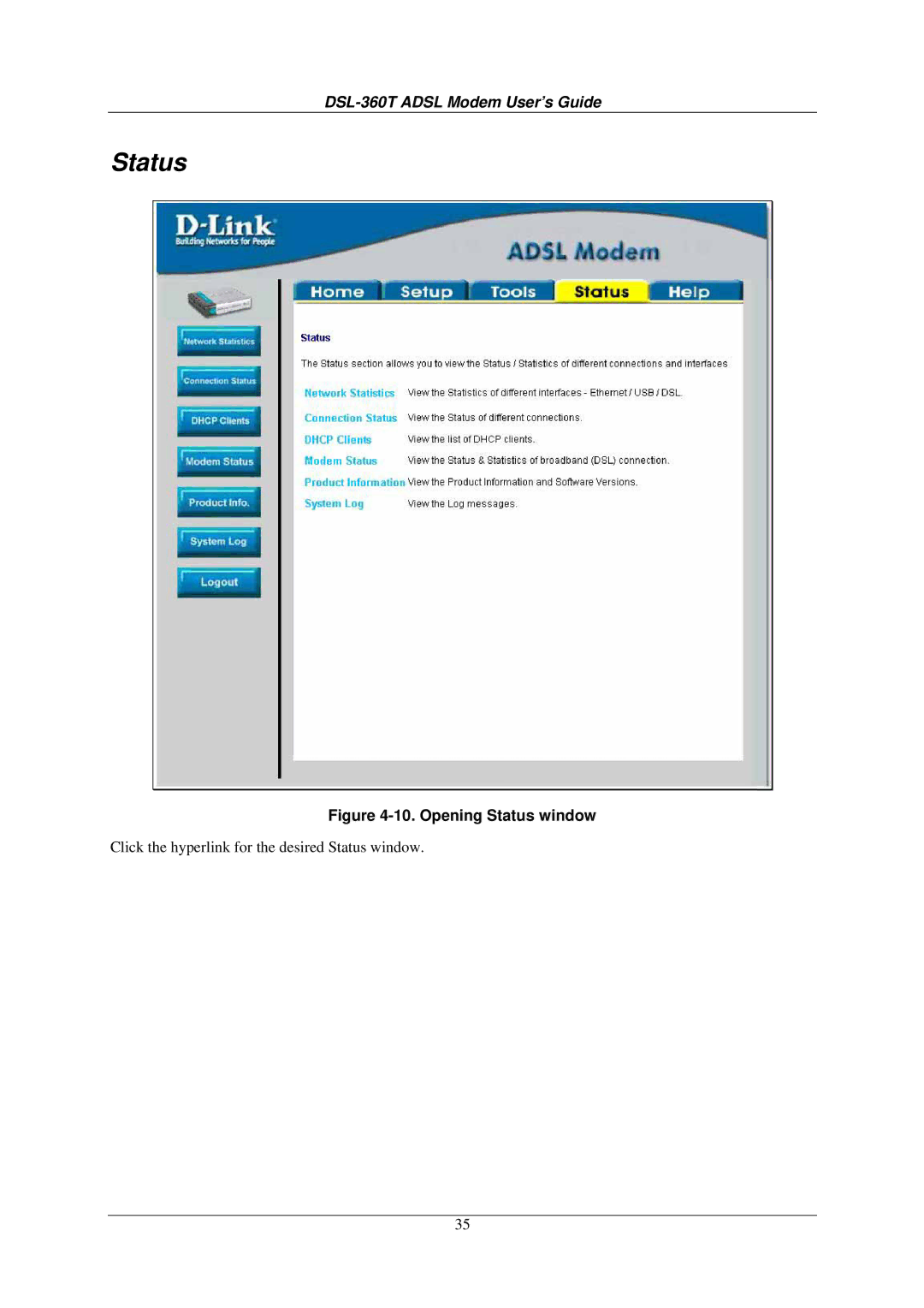 D-Link DSL-360T user manual Status 