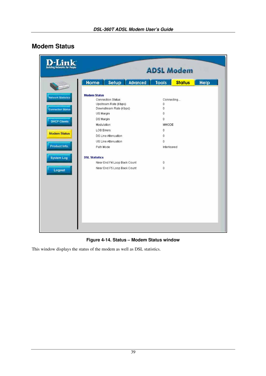 D-Link DSL-360T user manual Status Modem Status window 