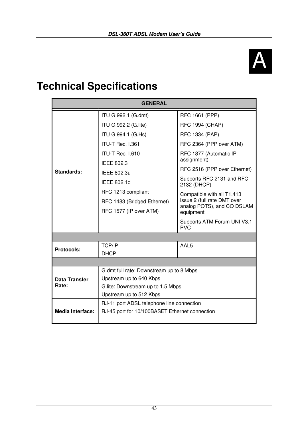 D-Link DSL-360T user manual Technical Specifications, General 