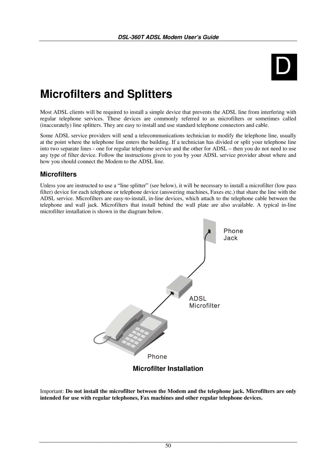 D-Link DSL-360T user manual Microfilters and Splitters, Microfilter Installation 