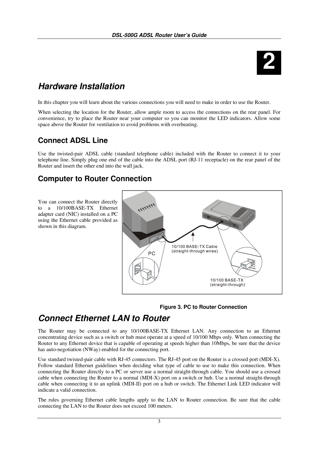 D-Link DSL-500G Hardware Installation, Connect Ethernet LAN to Router, Connect Adsl Line, Computer to Router Connection 