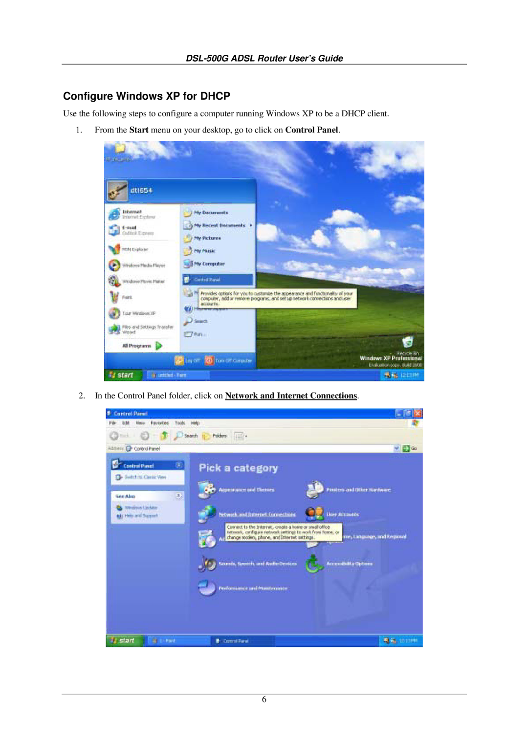 D-Link DSL-500G manual Configure Windows XP for Dhcp 