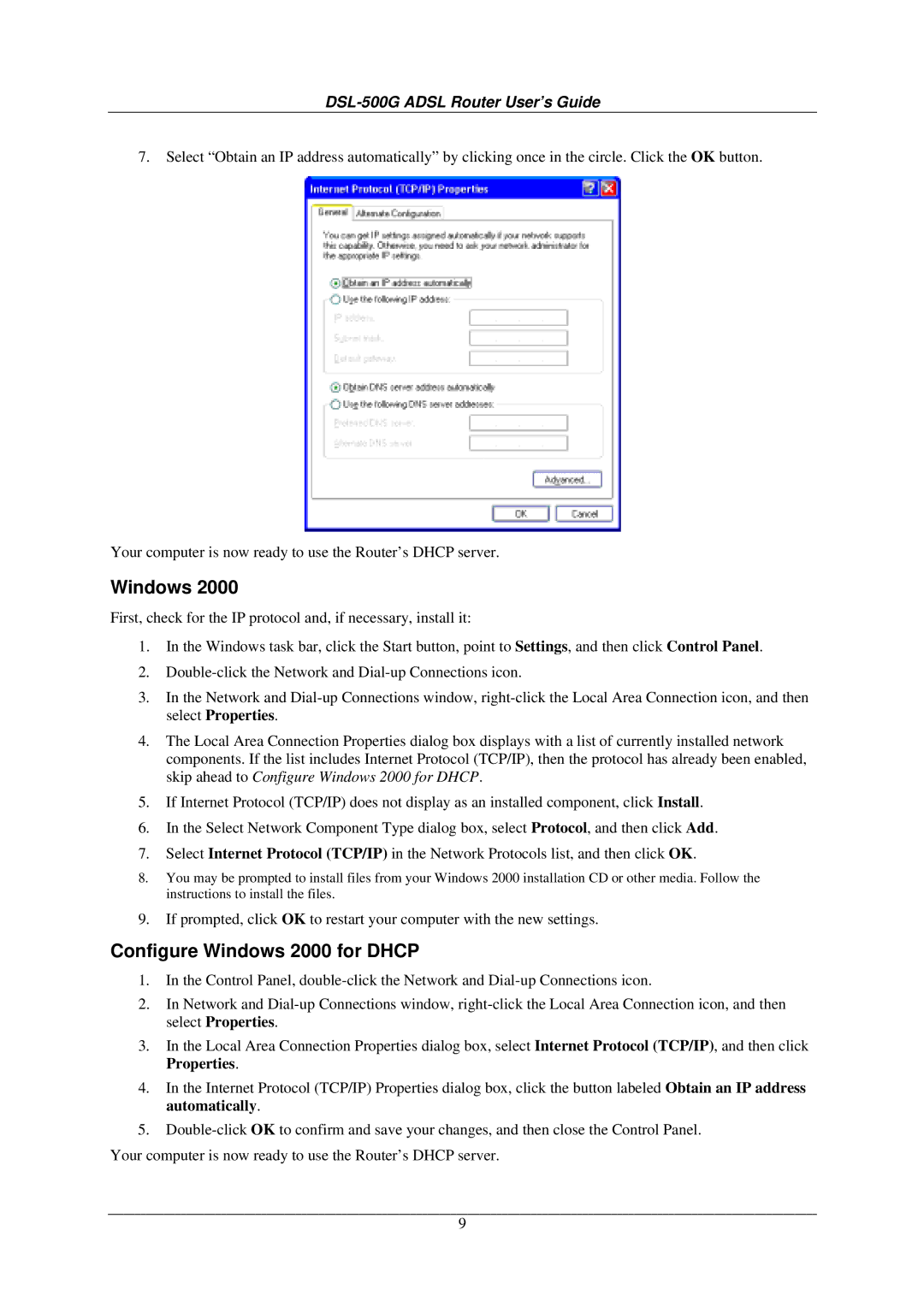 D-Link DSL-500G manual Configure Windows 2000 for Dhcp 