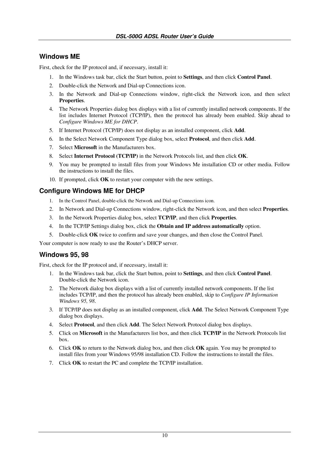 D-Link DSL-500G manual Configure Windows ME for Dhcp, Windows 95 