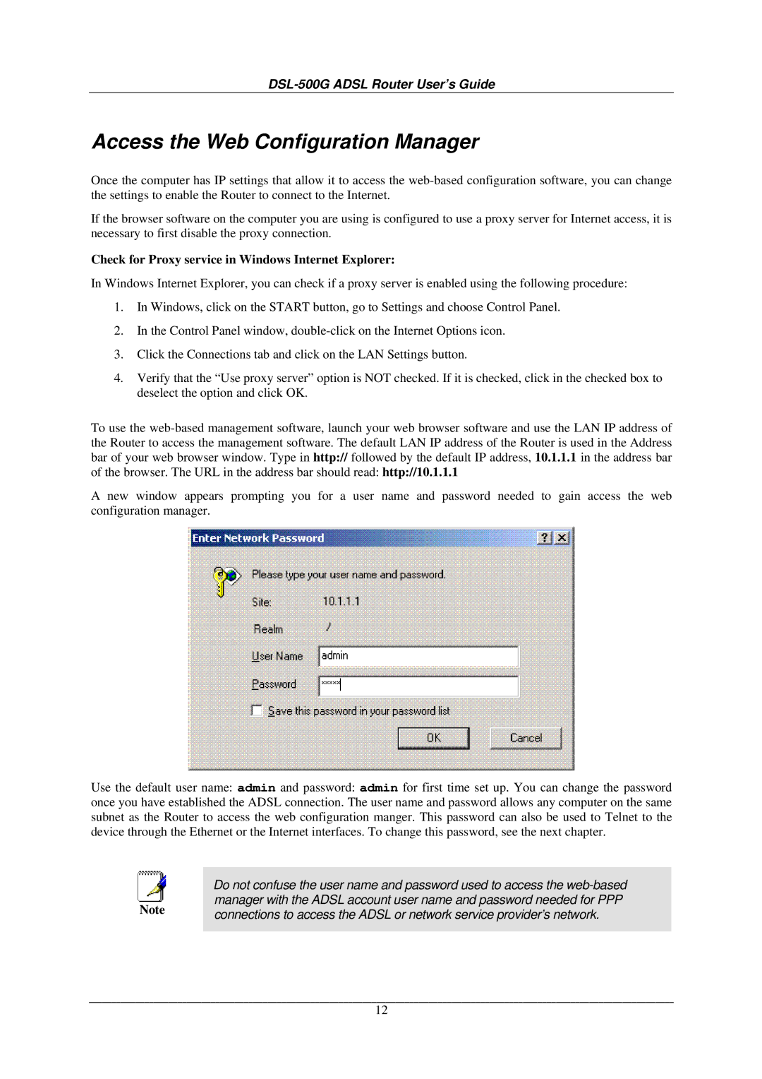 D-Link DSL-500G manual Access the Web Configuration Manager, Check for Proxy service in Windows Internet Explorer 