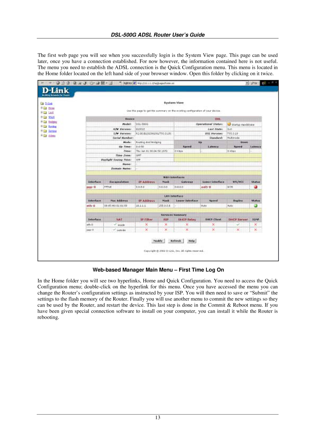 D-Link DSL-500G manual Web-based Manager Main Menu First Time Log On 