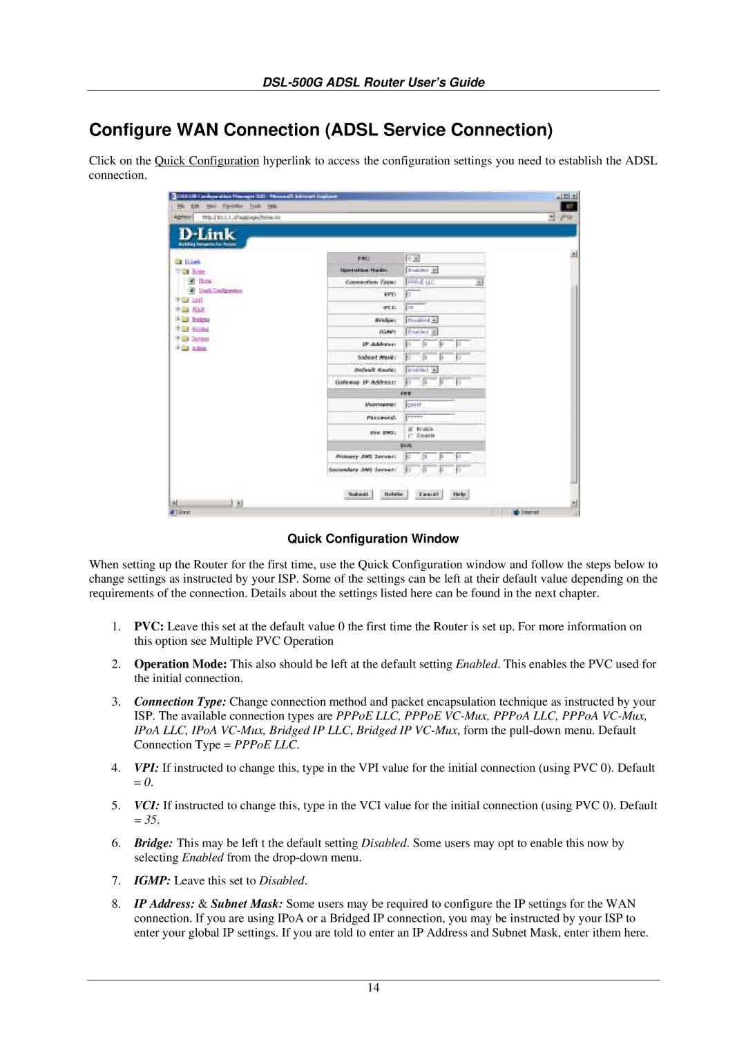 D-Link DSL-500G manual Configure WAN Connection Adsl Service Connection, Quick Configuration Window 