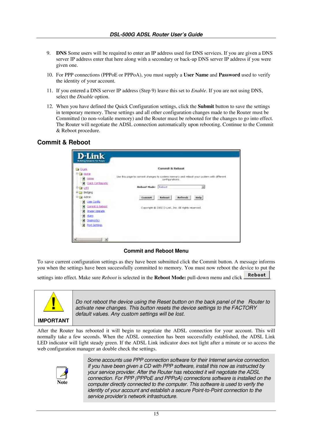 D-Link DSL-500G manual Commit & Reboot, Commit and Reboot Menu 