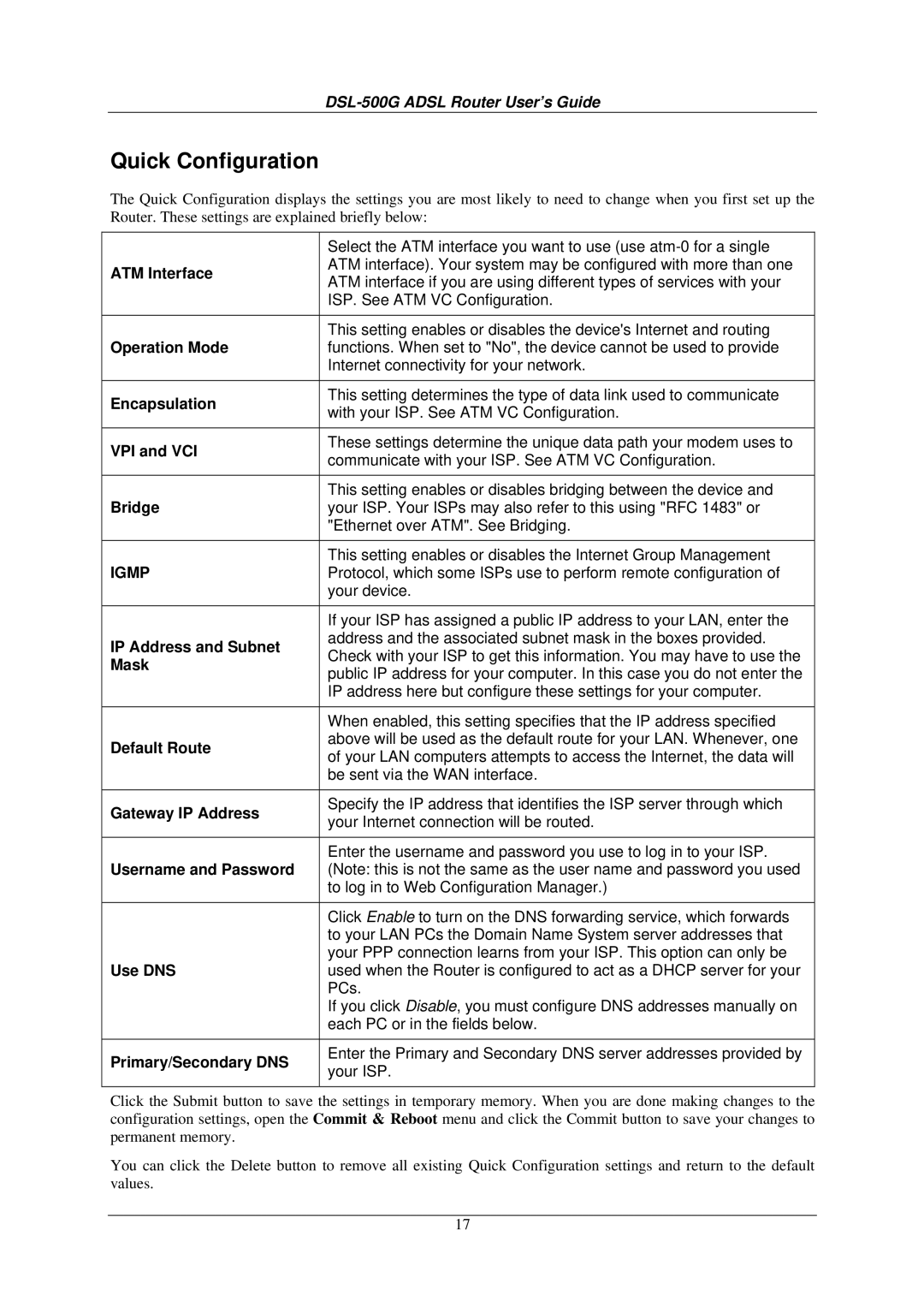 D-Link DSL-500G manual Quick Configuration 