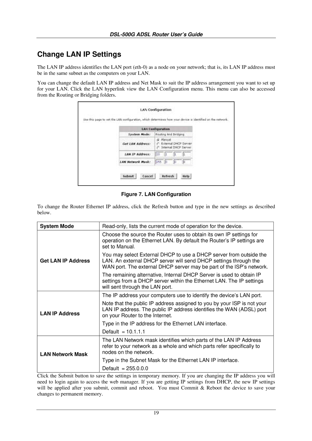 D-Link DSL-500G manual Change LAN IP Settings, System Mode, Get LAN IP Address, LAN Network Mask 