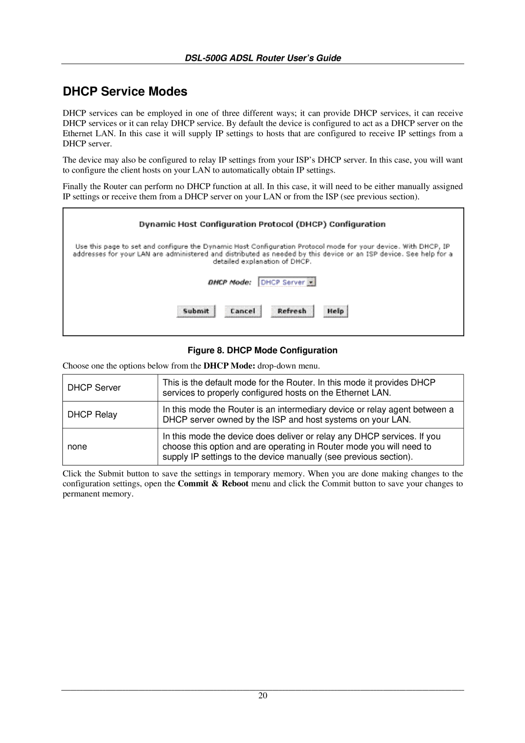 D-Link DSL-500G manual Dhcp Service Modes, Dhcp Mode Configuration 