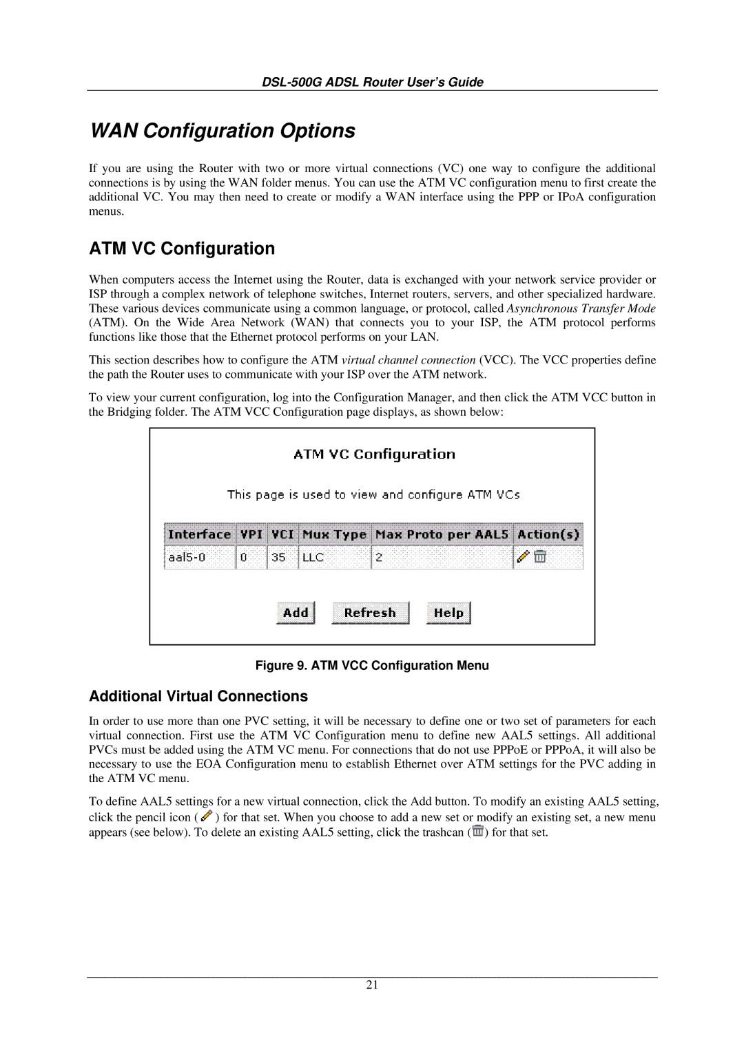 D-Link DSL-500G manual WAN Configuration Options, ATM VC Configuration, Additional Virtual Connections 