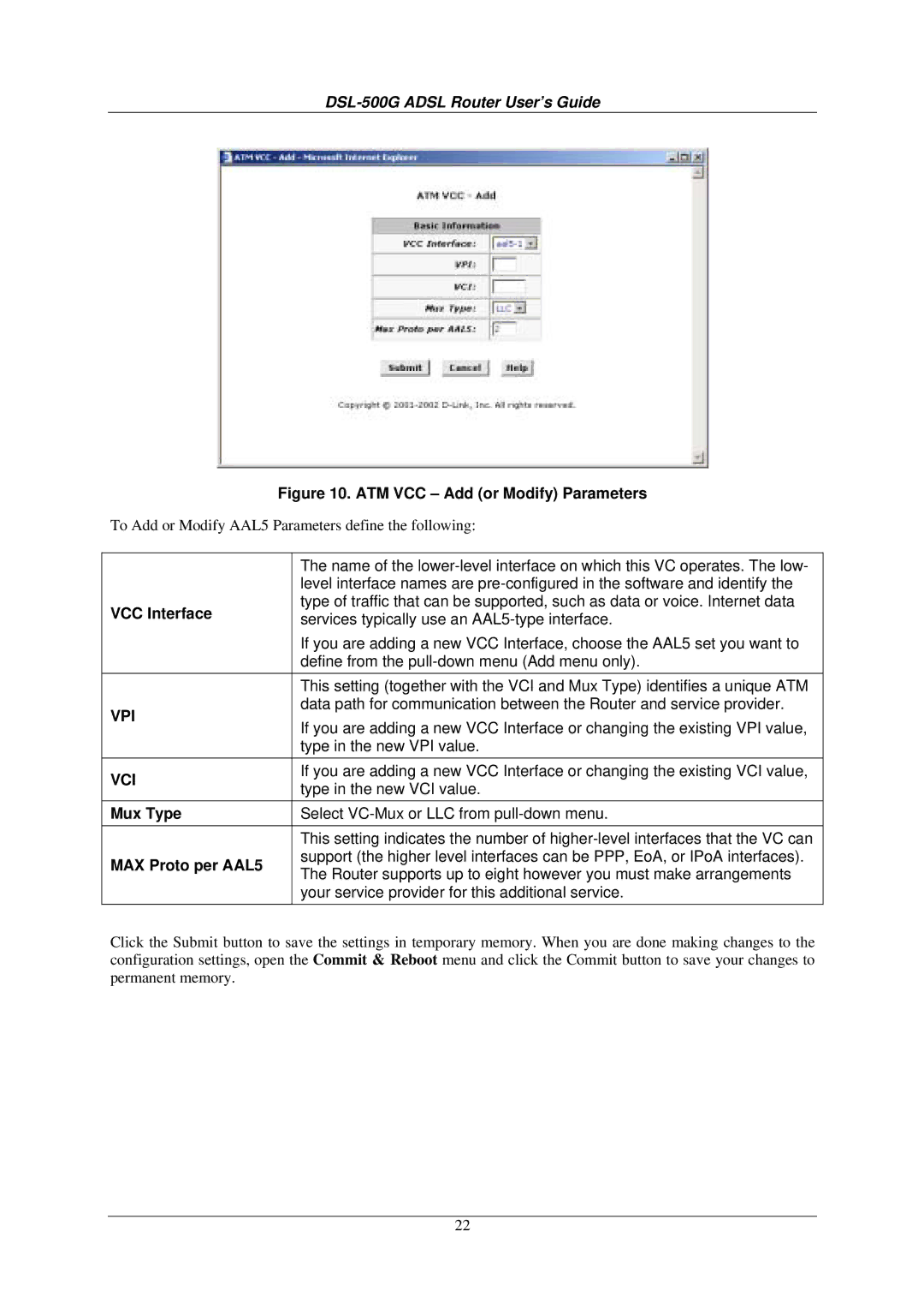 D-Link DSL-500G manual VCC Interface, Mux Type, MAX Proto per AAL5 