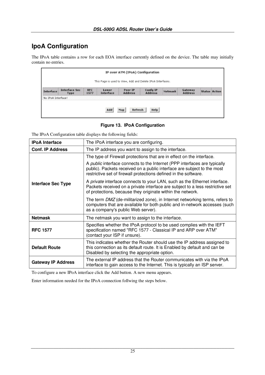 D-Link DSL-500G manual IpoA Configuration, IPoA Interface, Conf. IP Address, Netmask, Rfc 