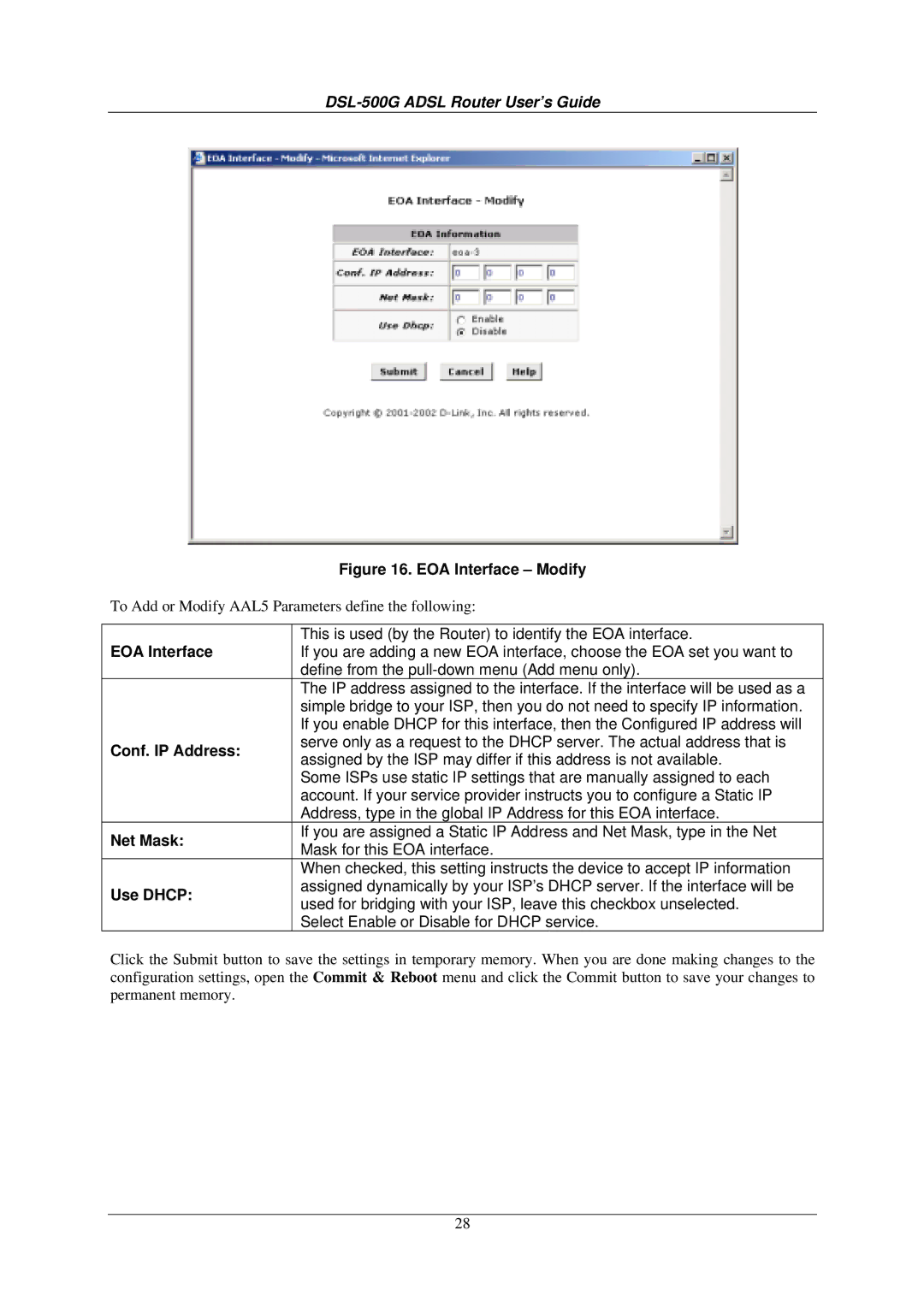 D-Link DSL-500G manual EOA Interface, Net Mask 