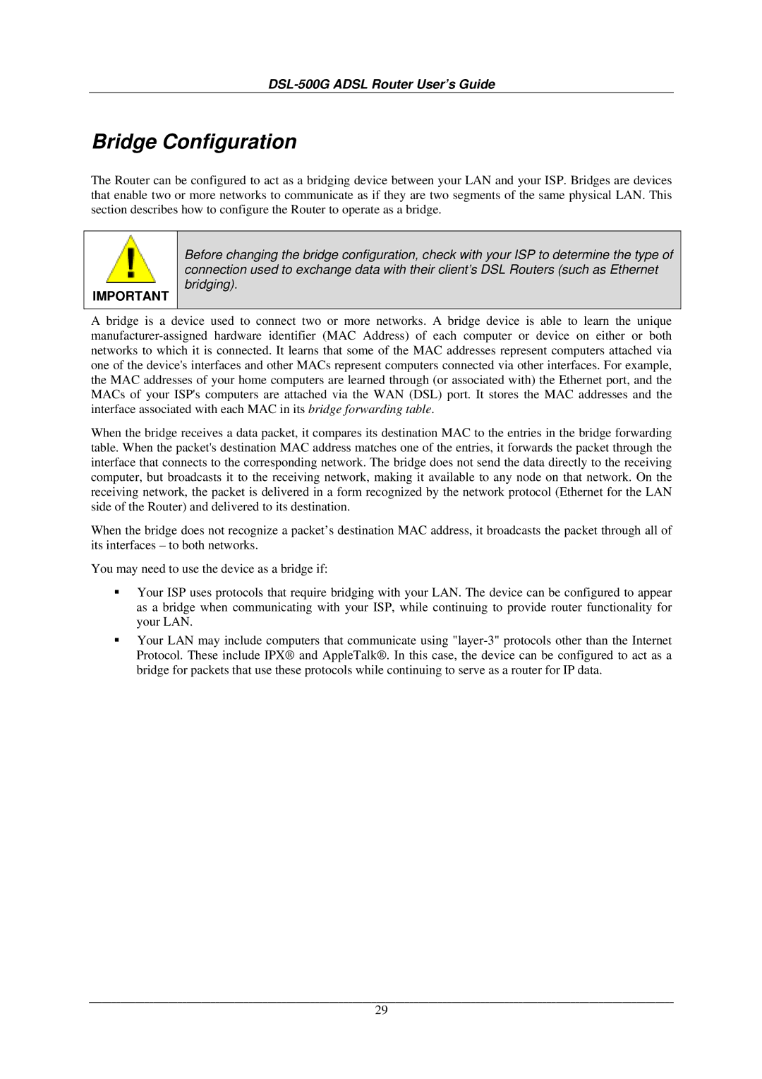 D-Link DSL-500G manual Bridge Configuration 