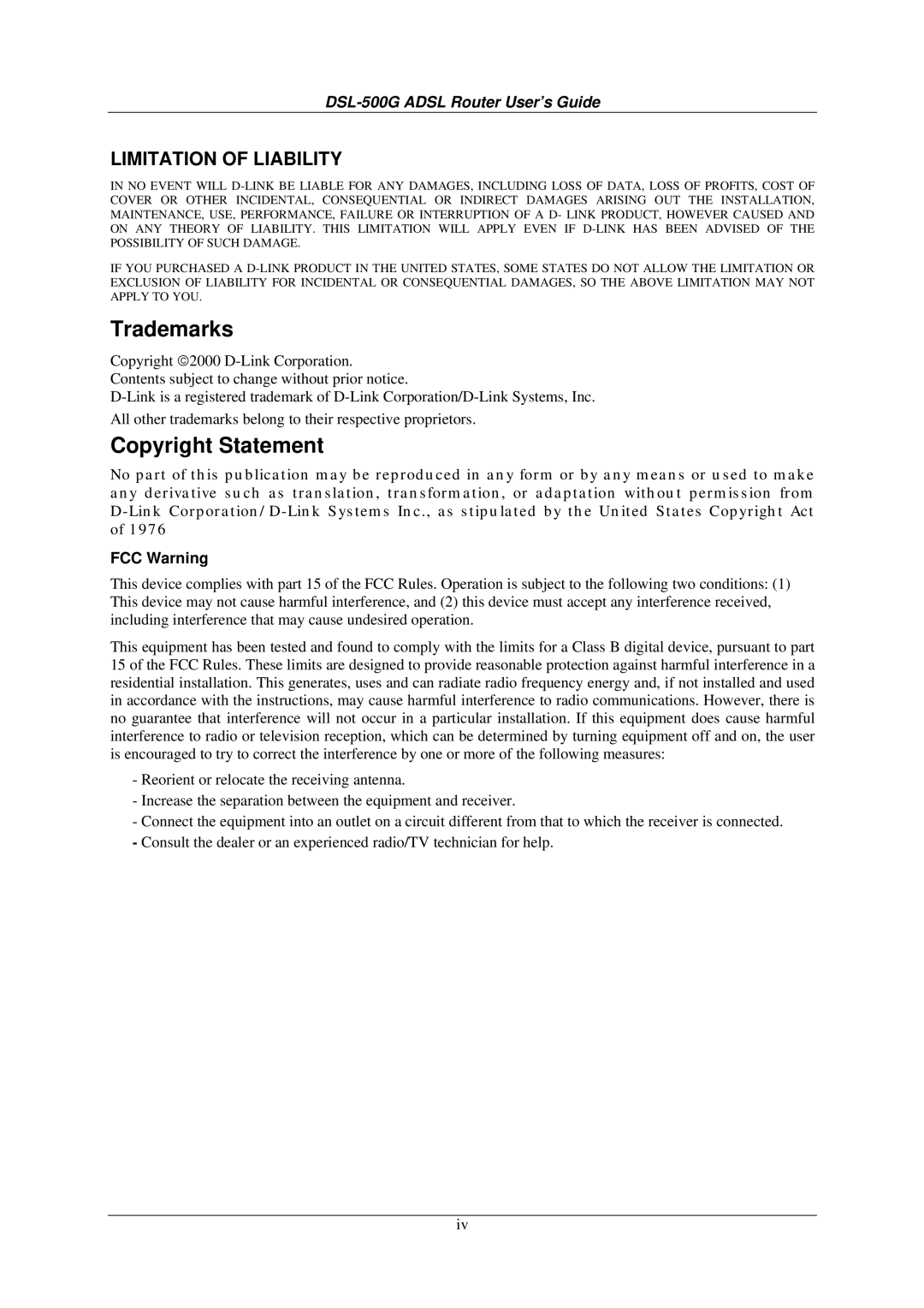 D-Link DSL-500G manual Trademarks, Copyright Statement, FCC Warning 