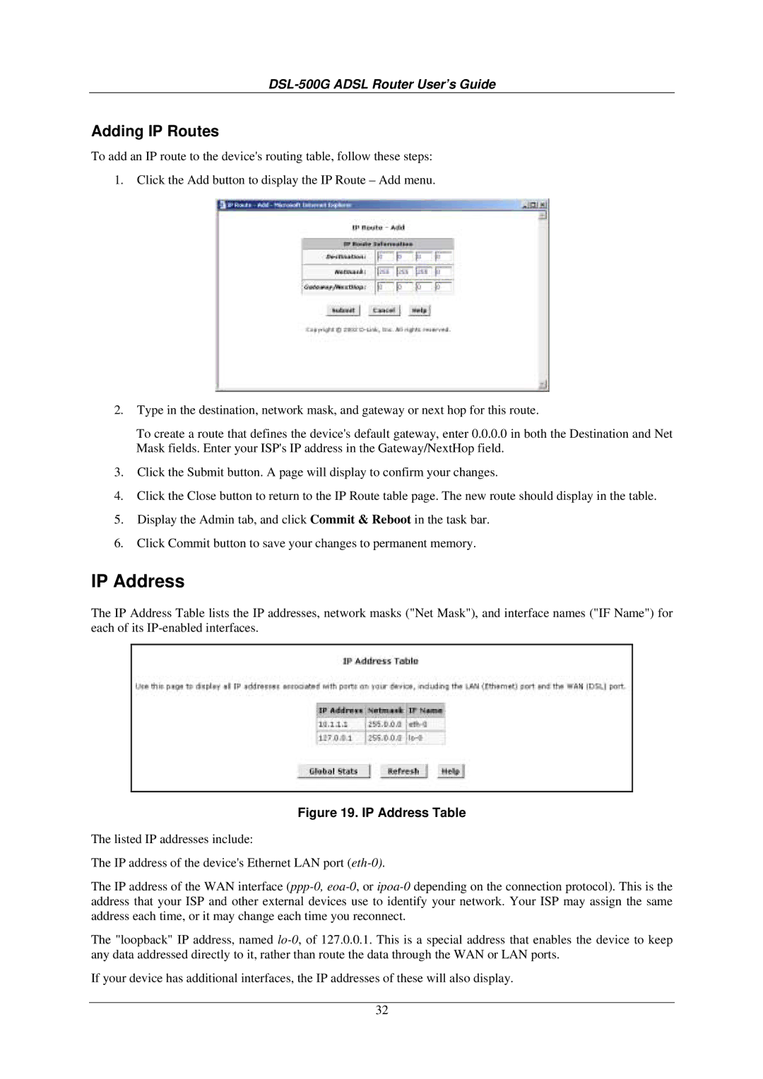 D-Link DSL-500G manual IP Address, Adding IP Routes 