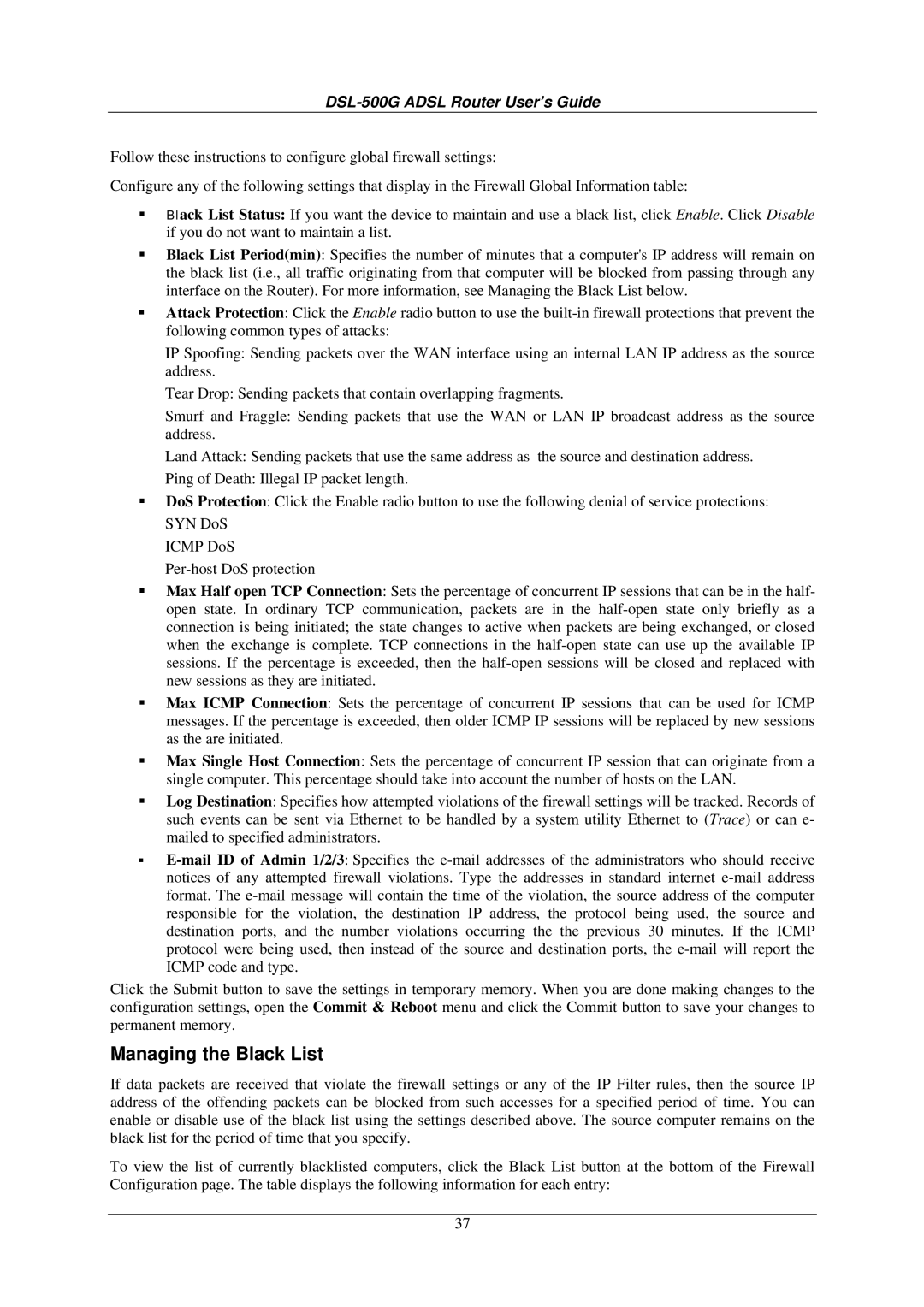 D-Link DSL-500G manual Managing the Black List 