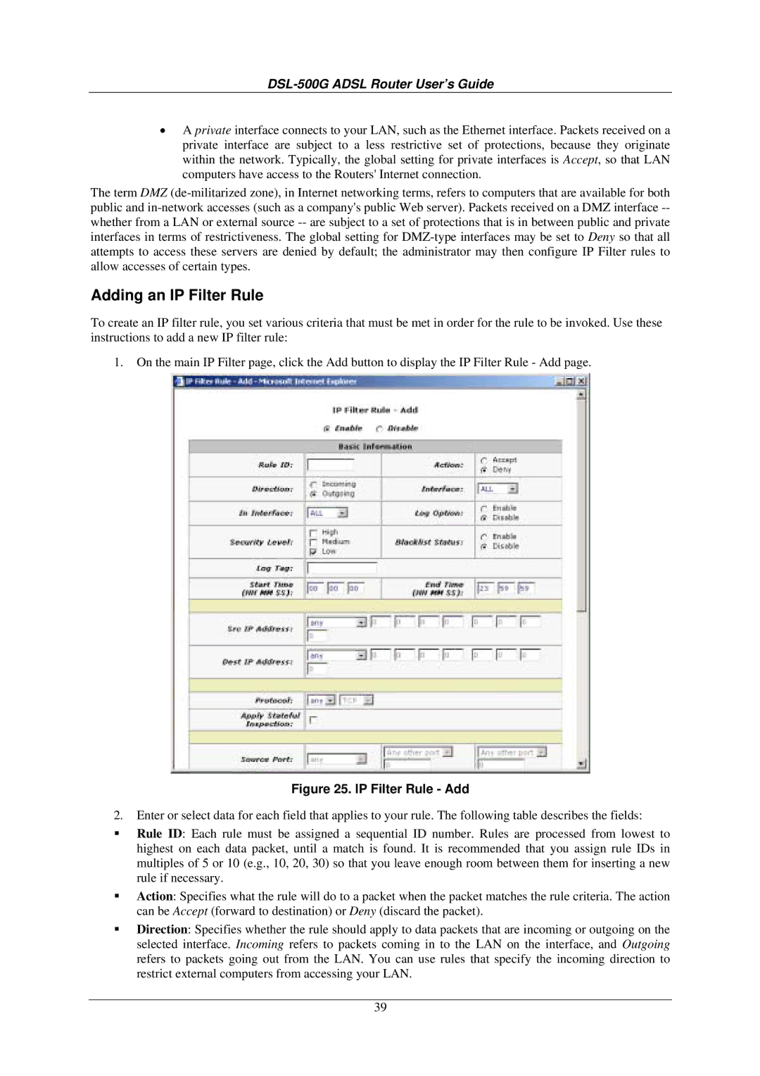 D-Link DSL-500G manual Adding an IP Filter Rule, IP Filter Rule Add 