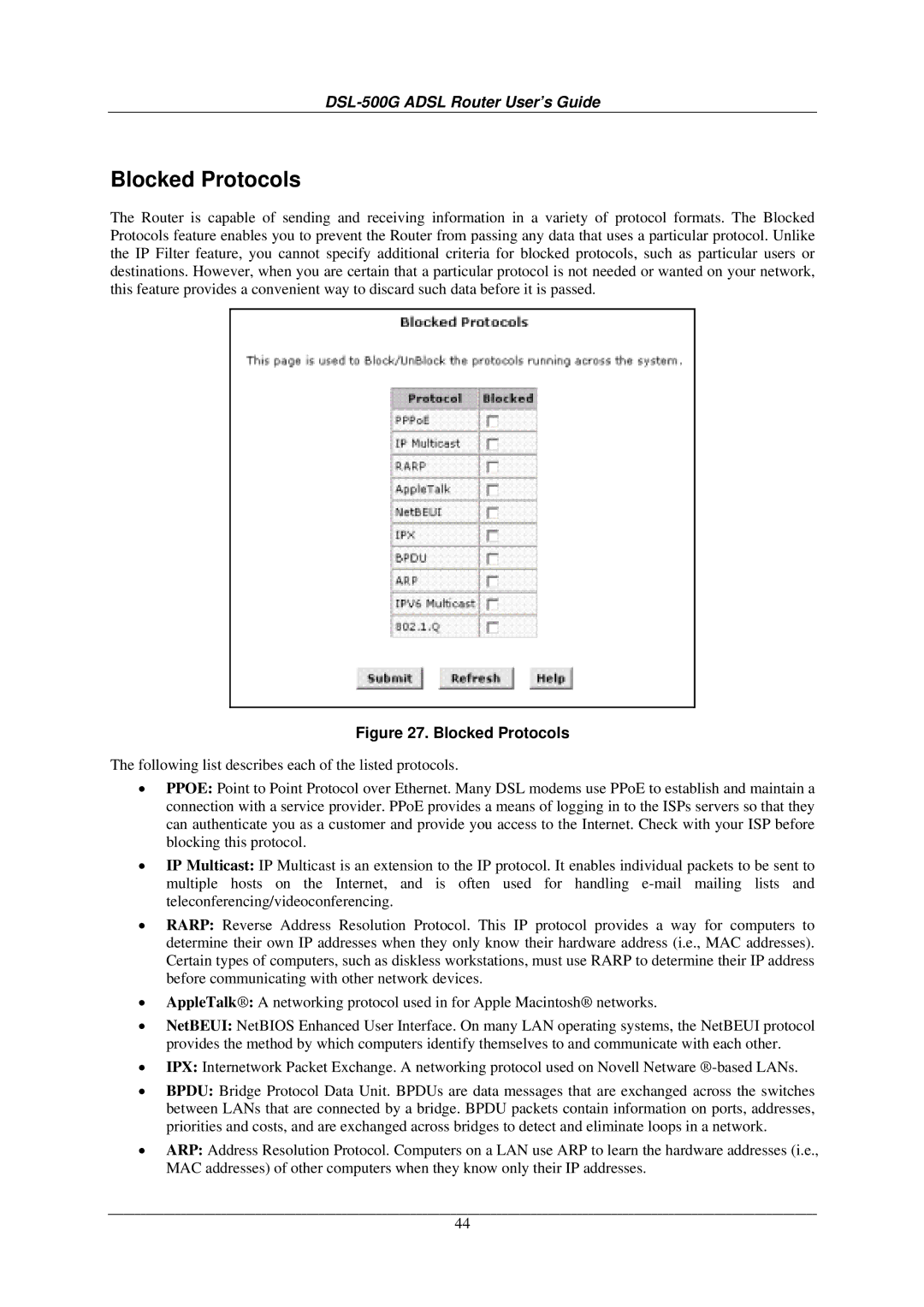 D-Link DSL-500G manual Blocked Protocols 