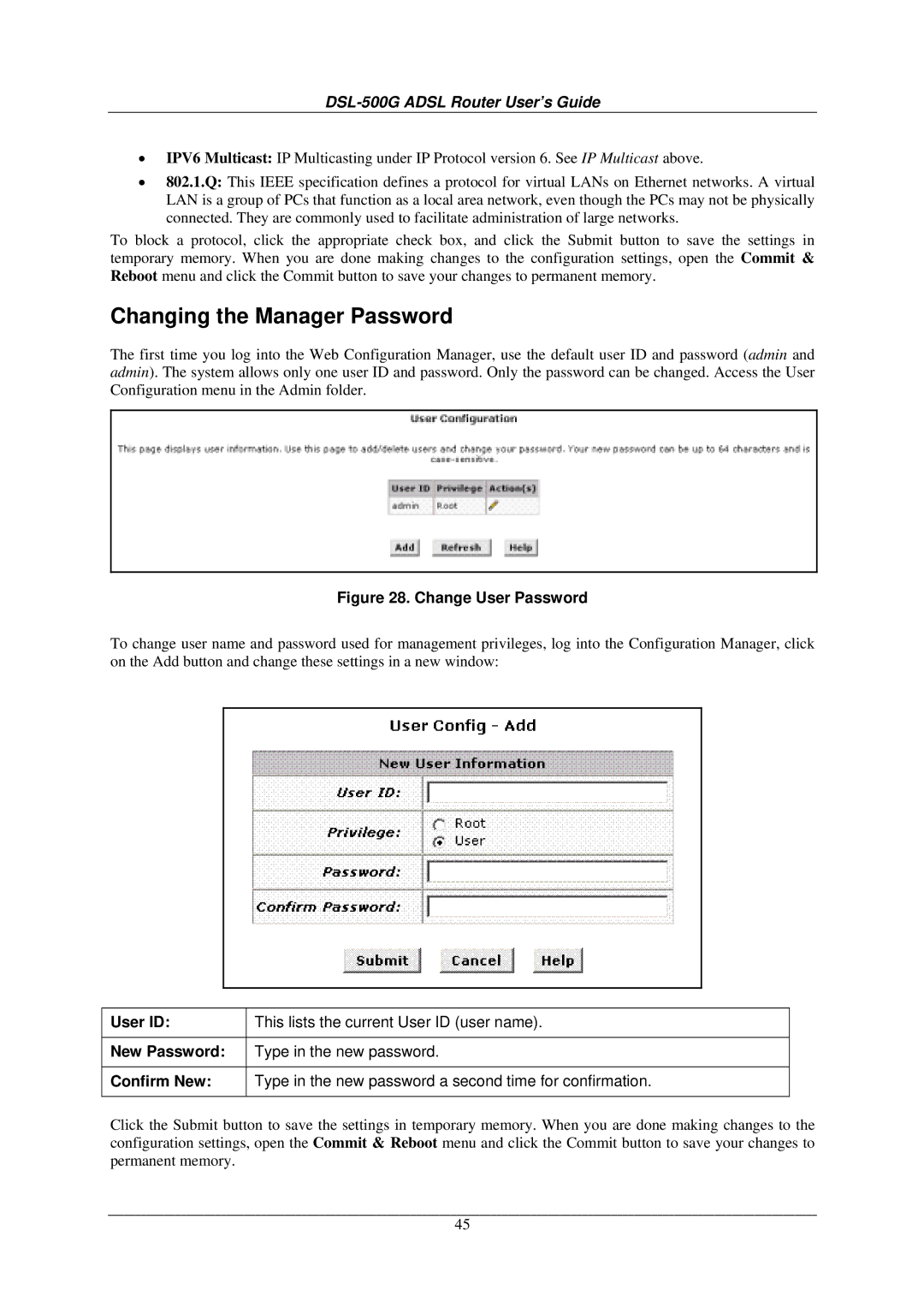 D-Link DSL-500G manual Changing the Manager Password, Change User Password 