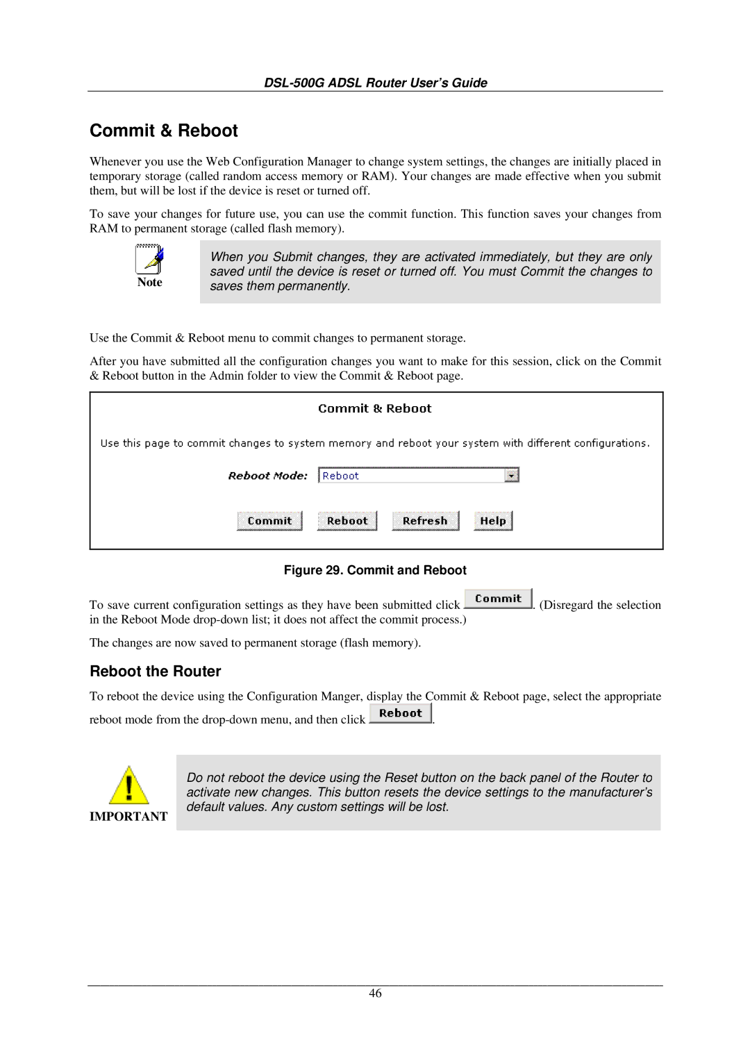 D-Link DSL-500G manual Commit & Reboot, Reboot the Router 