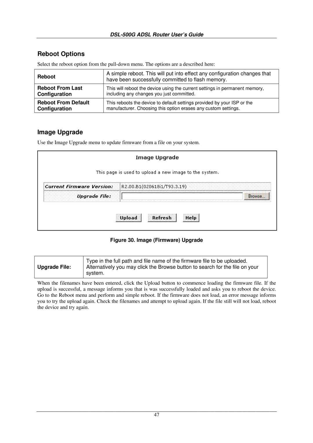 D-Link DSL-500G manual Reboot Options, Image Upgrade, Configuration, Reboot From Default 