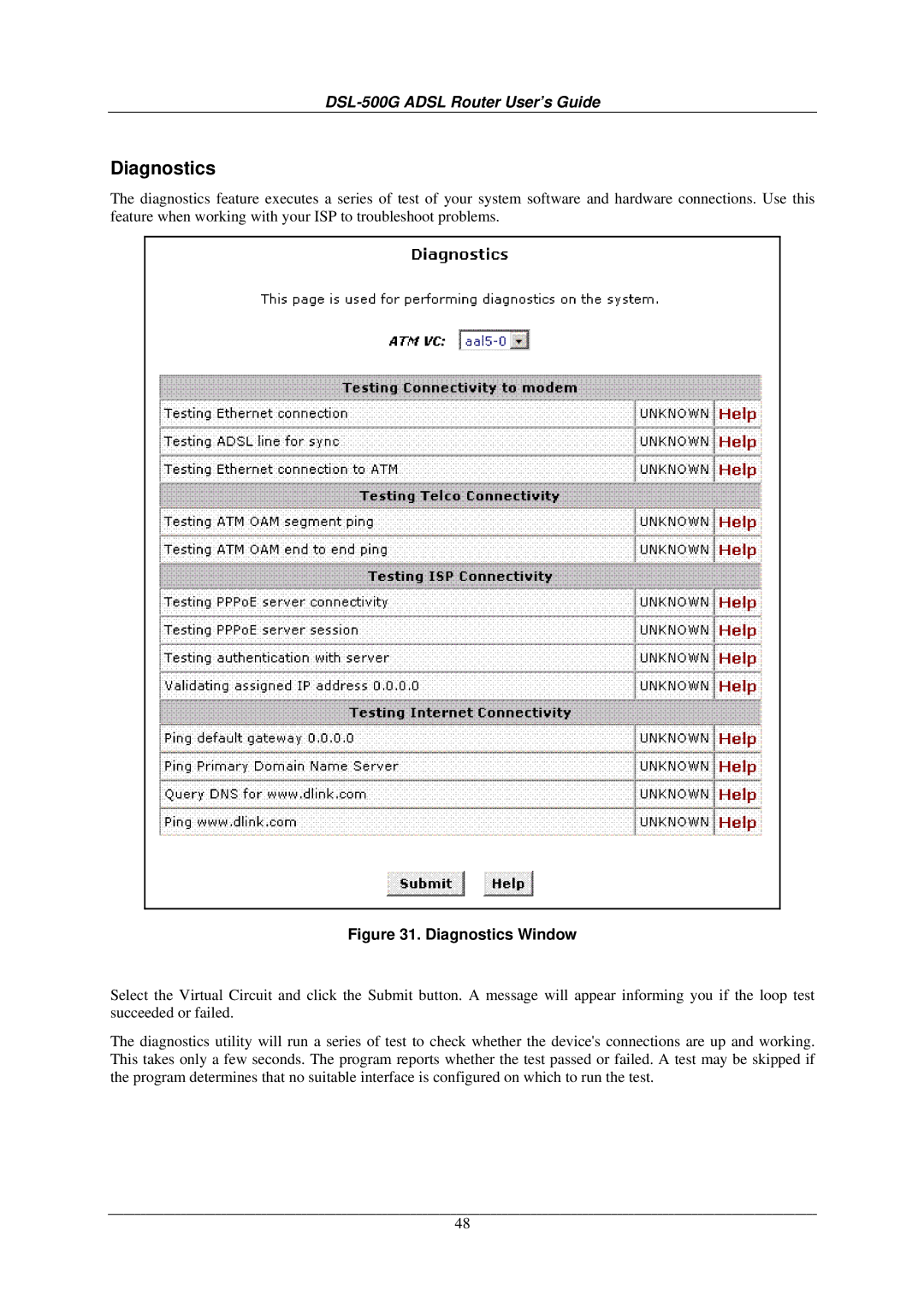 D-Link DSL-500G manual Diagnostics Window 