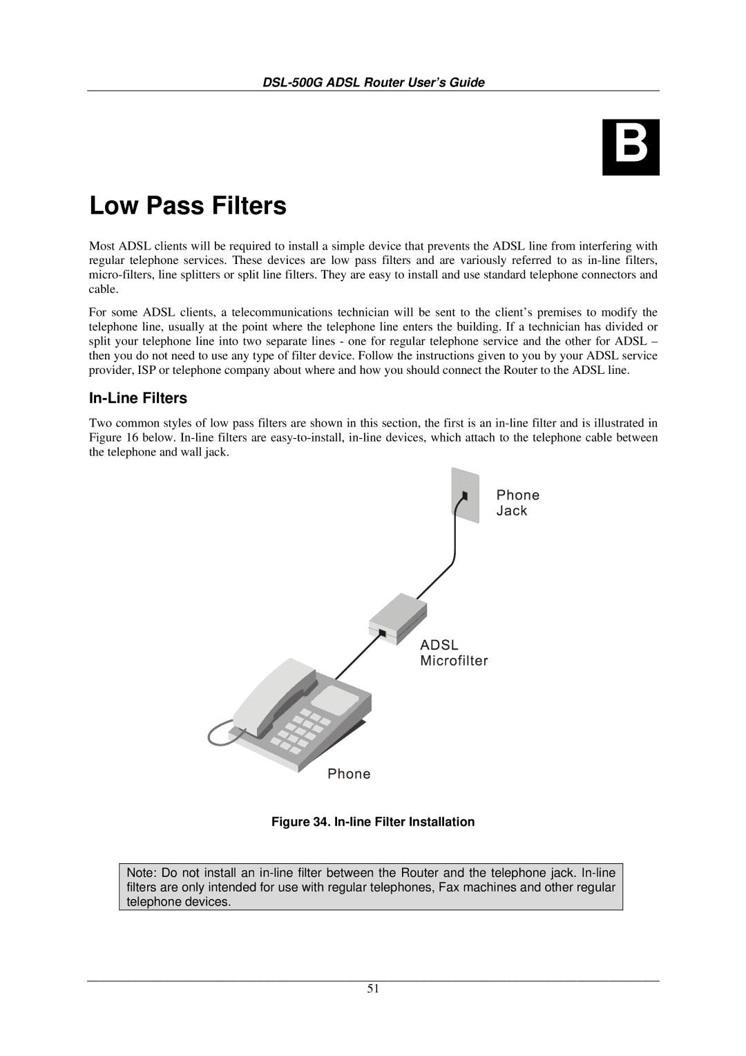 D-Link DSL-500G manual In-Line Filters, In-line Filter Installation 