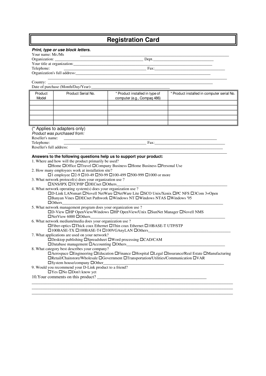 D-Link DSL-500G manual Registration Card, Print, type or use block letters 