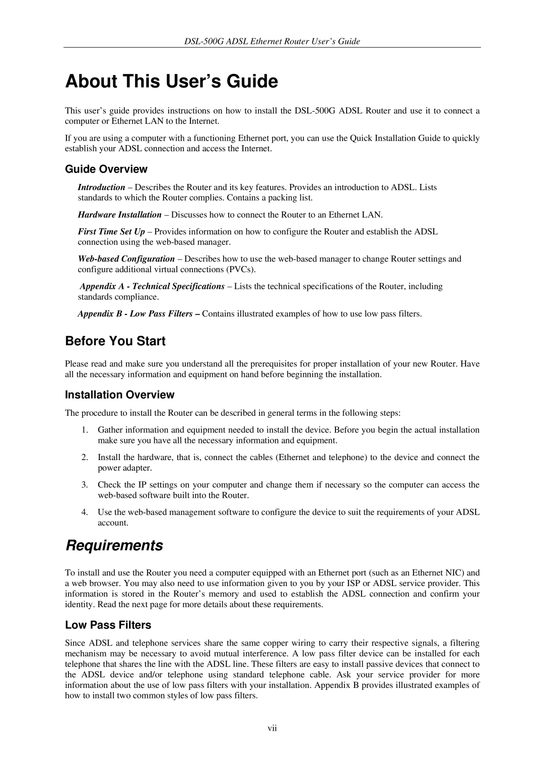 D-Link DSL-500G manual Requirements, Before You Start, Guide Overview, Installation Overview, Low Pass Filters 