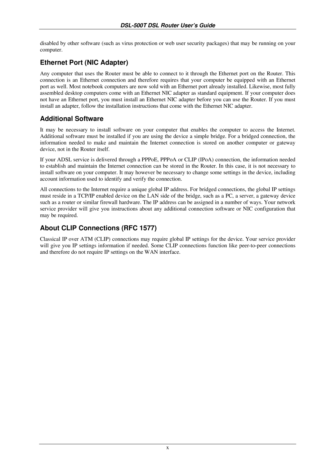 D-Link DSL-500T manual Ethernet Port NIC Adapter, Additional Software, About Clip Connections RFC 
