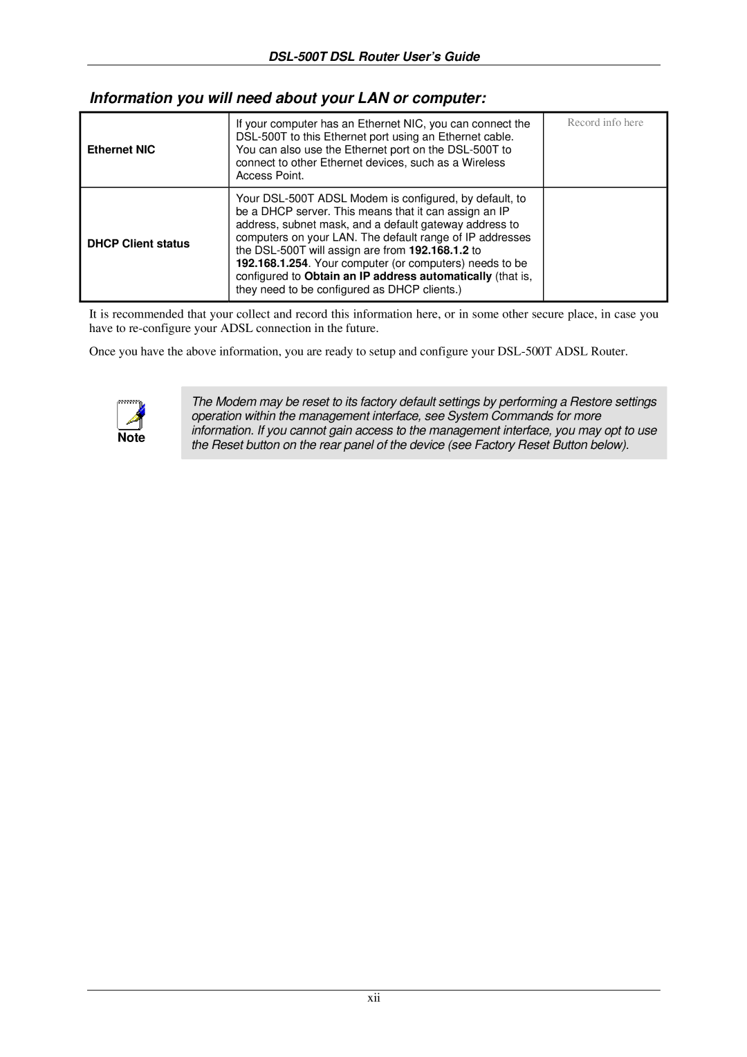 D-Link DSL-500T manual Information you will need about your LAN or computer 