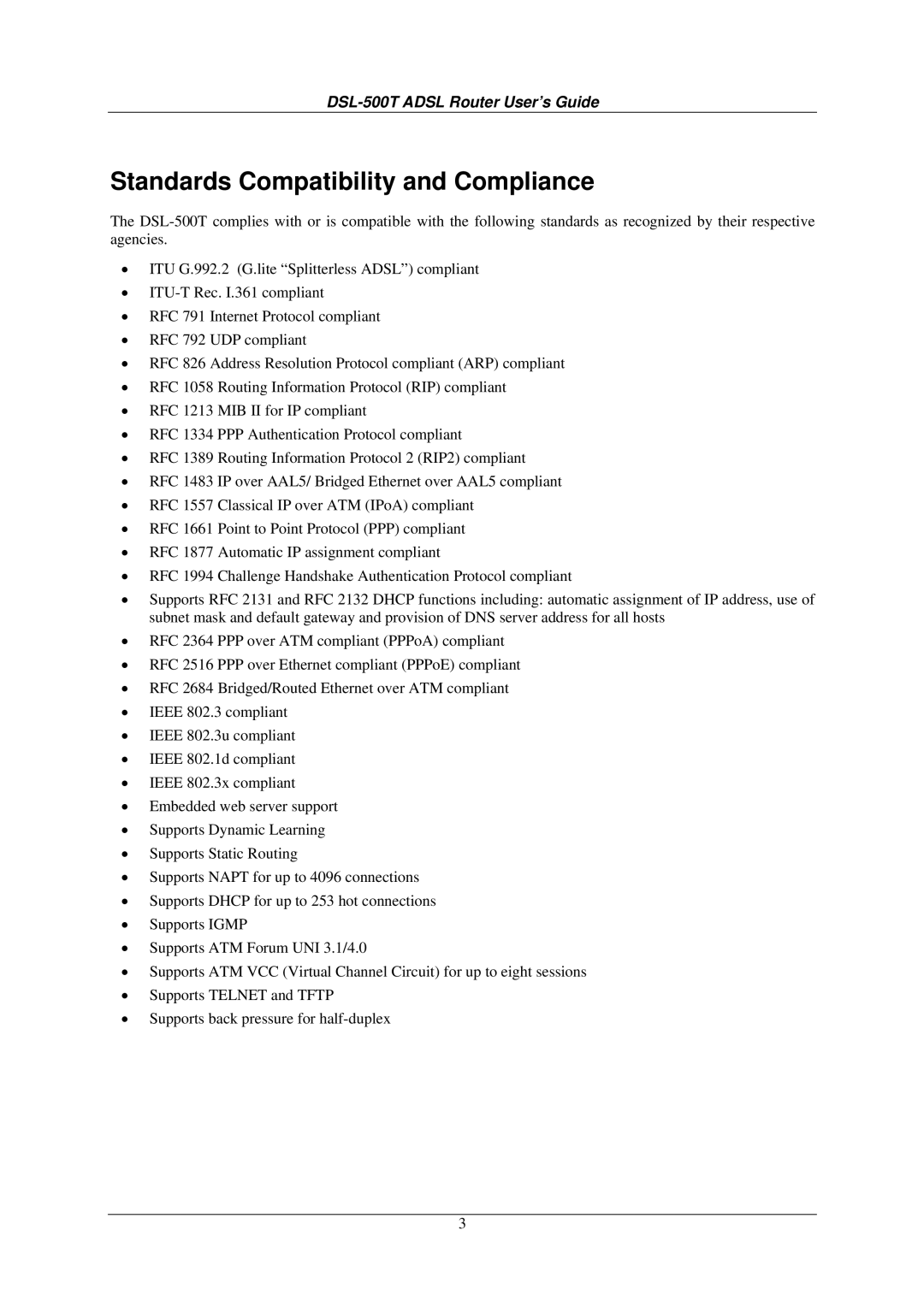 D-Link DSL-500T manual Standards Compatibility and Compliance 