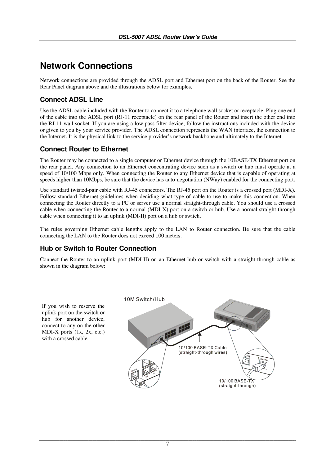 D-Link DSL-500T Network Connections, Connect Adsl Line, Connect Router to Ethernet, Hub or Switch to Router Connection 