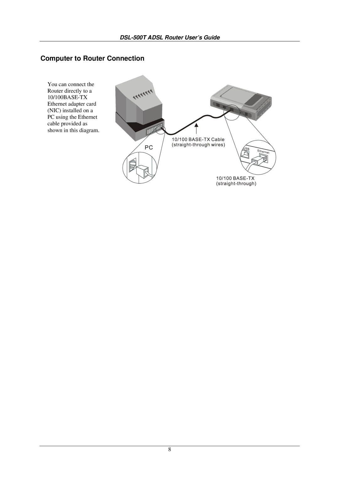 D-Link DSL-500T manual Computer to Router Connection 